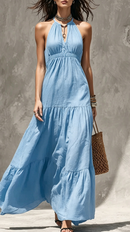 Women's Khaki Halter Waisted Tiered Maxi Dress