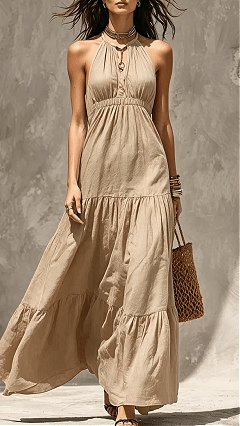 Women's Khaki Halter Waisted Tiered Maxi Dress
