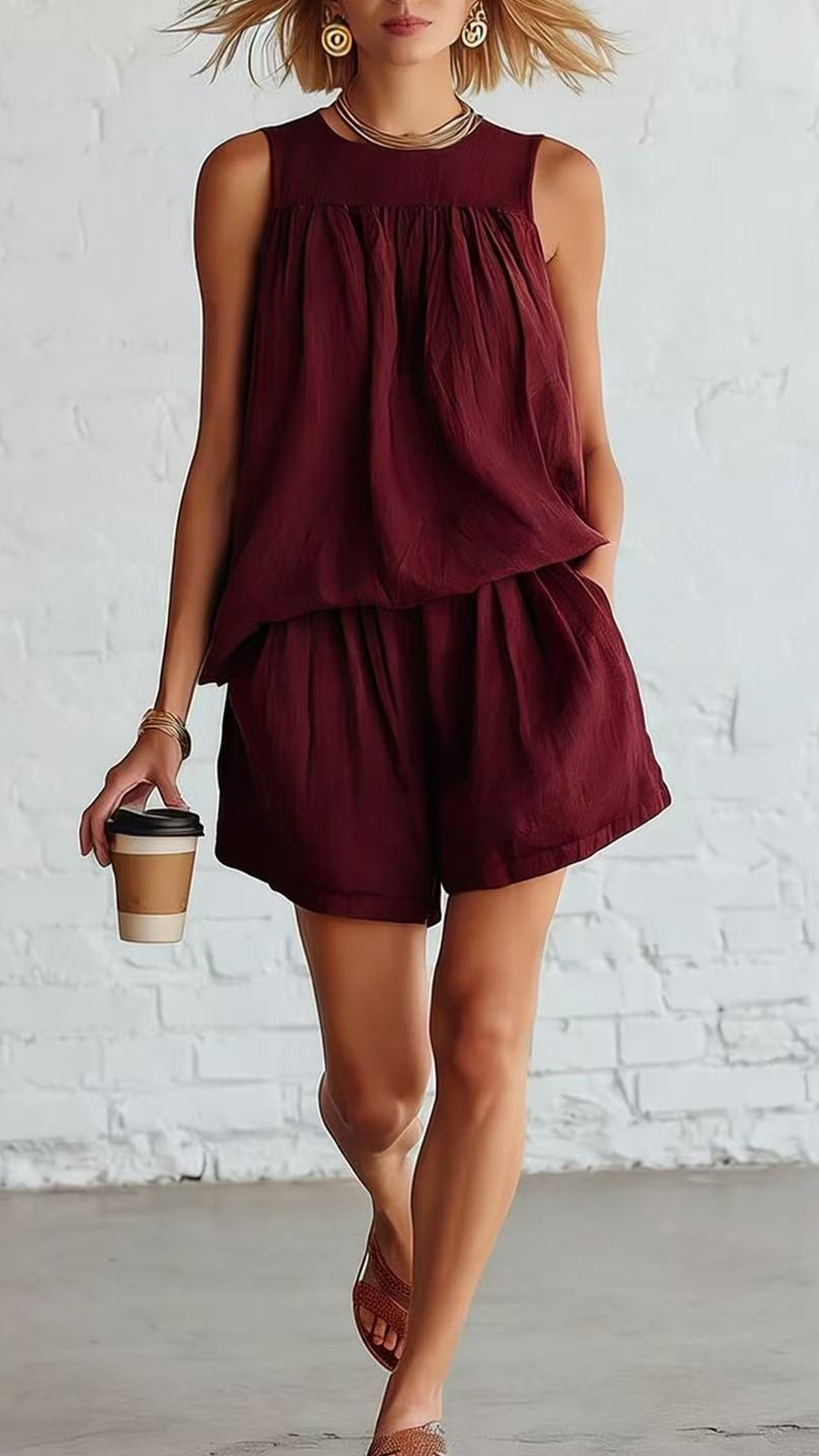 Women's  Cotton Blend Round Neck Sleeveless Top & Matching Shorts Set