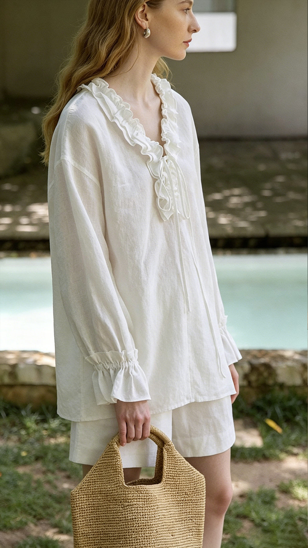 Women's French Linen Pleated Top & Shorts Set