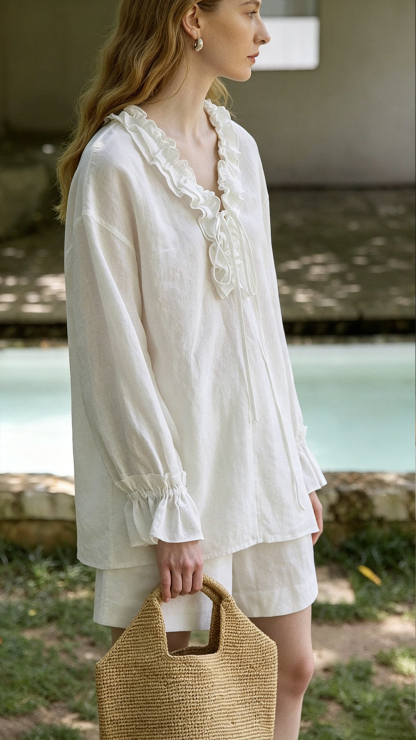 Women's French Linen Pleated Top & Shorts Set