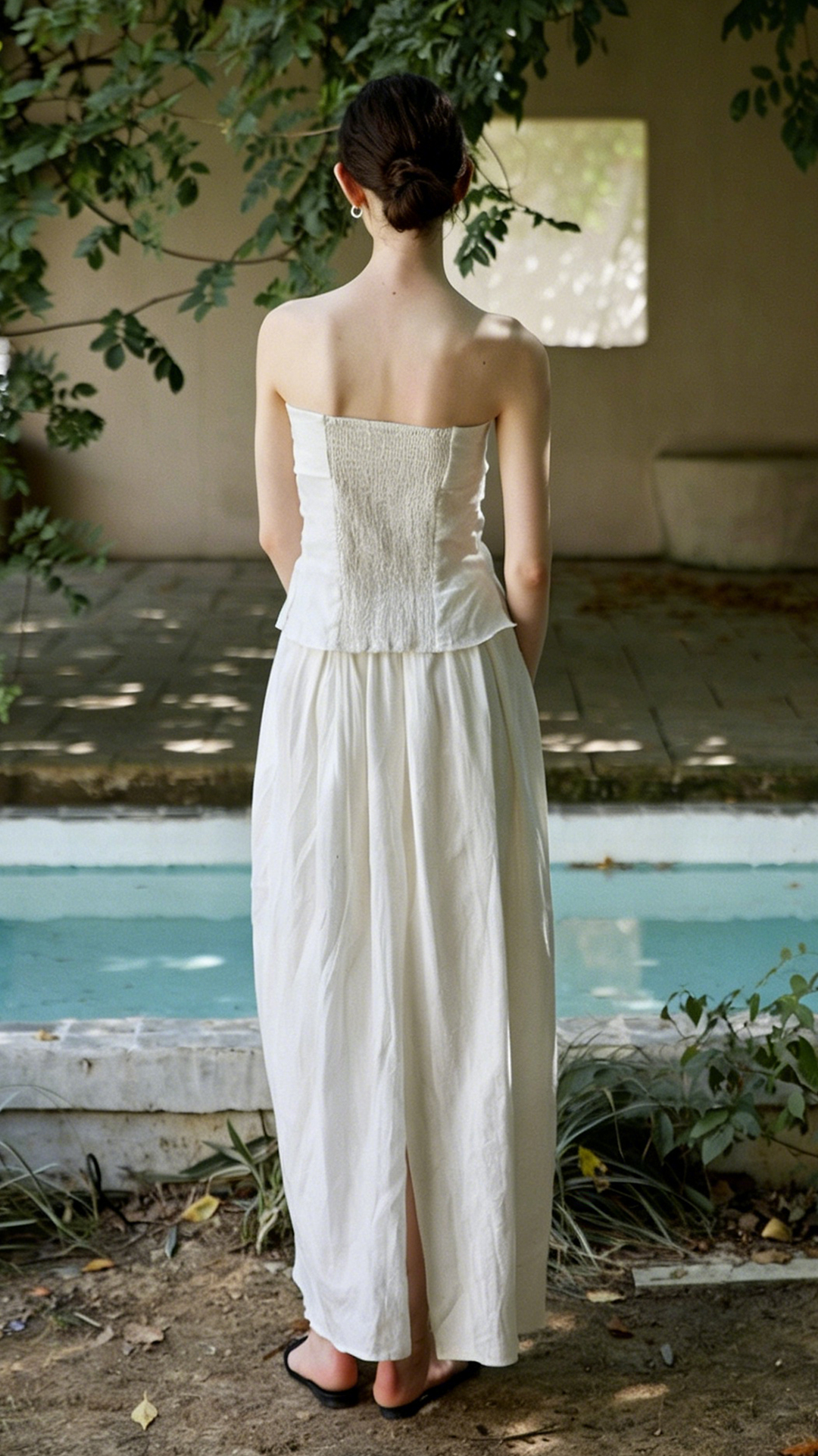 Women's French-style linen strapless top and maxi skirt set