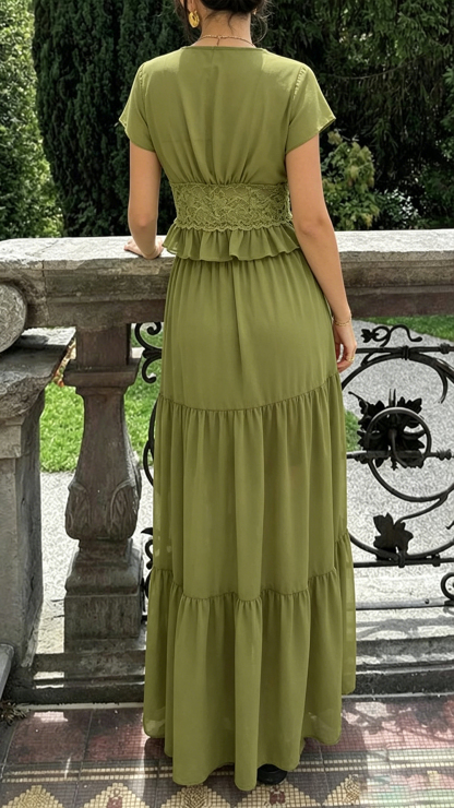 Women's French Olive Green Lace 2 Piece Outfit, Deep V Cropped Top Tiered Maxi Skirt Vacation Set