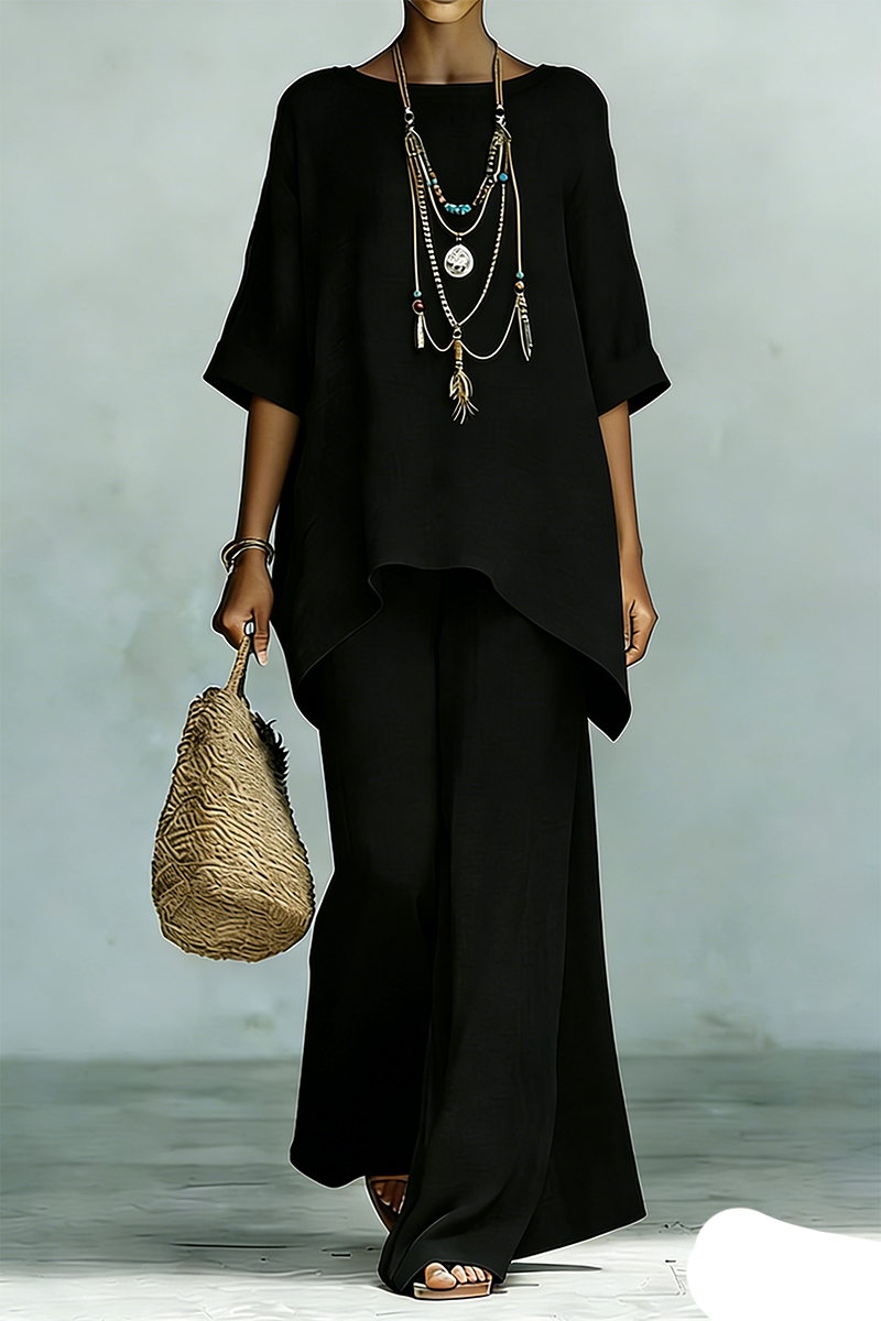Women's Elegant & Simple Loose-Fit Solid-Color Top and Wide-Leg Pants Set
