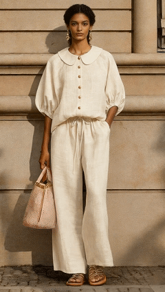 New Arrivals🔥Stylish Peter Pan Collar Shirt And Wide-leg Pant Linen Two-piece Set