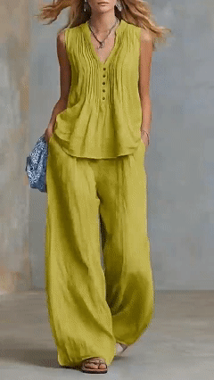 Casual Linen And Cotton Pleated Sleeveless Top And Pants Two-piece Set