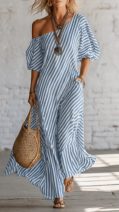 Elegant And Classic Striped Off-shoulder Maxi Dress