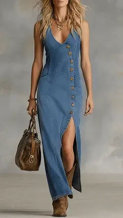 Women's everyday blue V-neck slit denim long dress with Western-style buttons