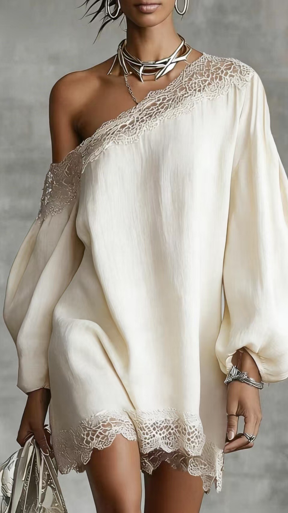 Women's solid color lace trim off-shoulder long-sleeved dress