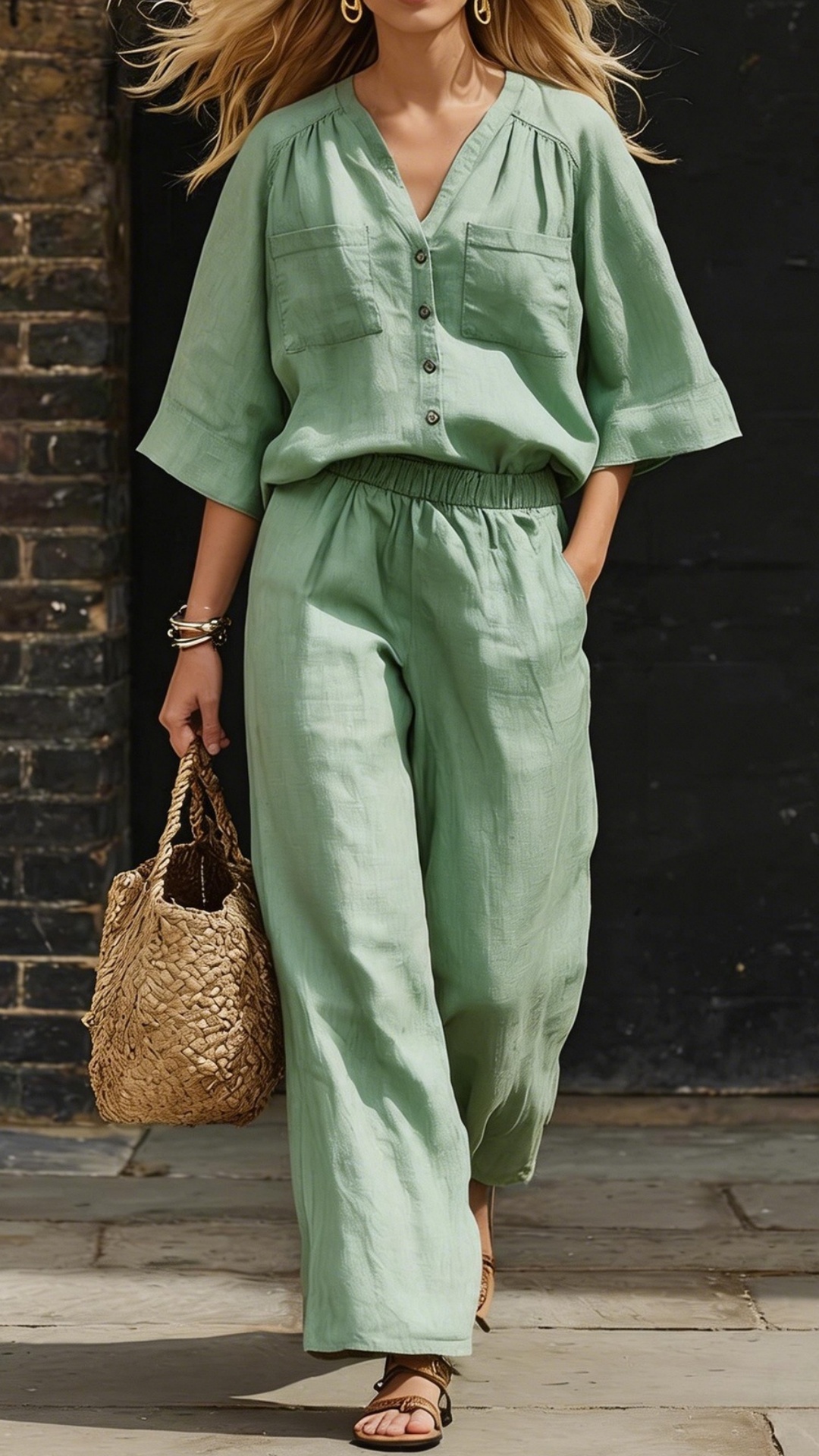 Women's Simple Linen Two-Piece Set: Button-Up Top and Wide-Leg Pants