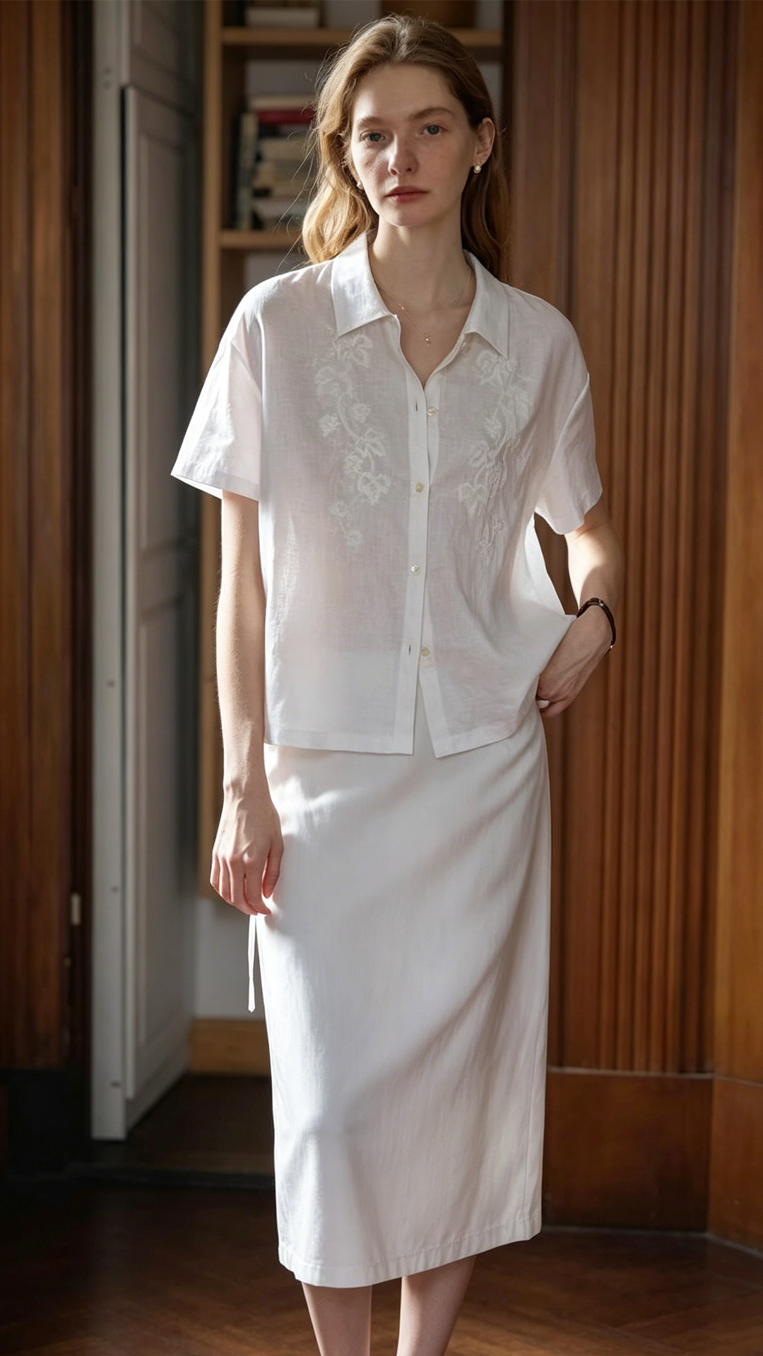 Premium 100% Natural Linen Heavy Embroidered White Short-Sleeve Shirt for Women