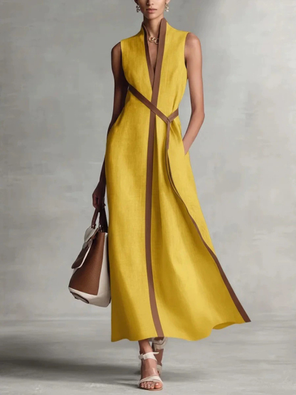Daily White Colorblock Stand-Up Collar Pocket Boho Contrast Linen Maxi Dresses
