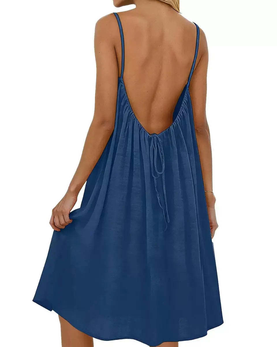 Women's Solid-Color Backless Spaghetti-Strap Knee-Length Dress