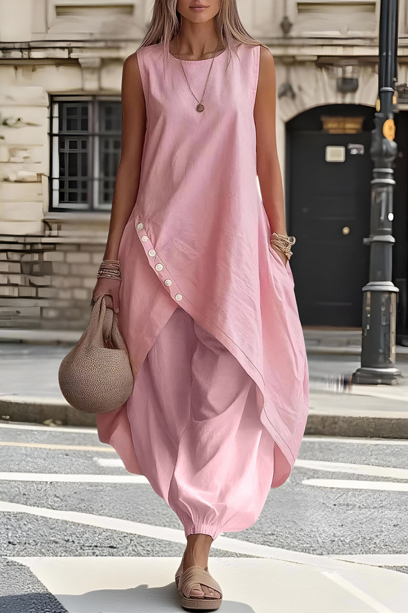 Women's Everyday Round-Neck Linen Midi Dress with Asymmetrical Hem and Pockets