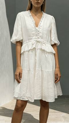Women's V-Neck Ruffle-Trim Puff-Sleeve Drawstring Dress