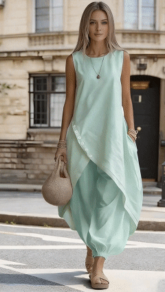 Women's Everyday Round-Neck Linen Midi Dress with Asymmetrical Hem and Pockets