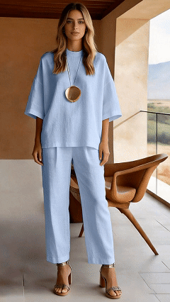 Women's Round Neck Solid Color Casual Seven Sleeve Set