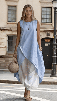 Women's Everyday Round-Neck Linen Midi Dress with Asymmetrical Hem and Pockets