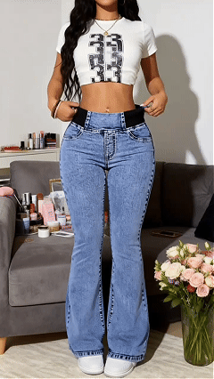 Women's simple and versatile casual flared BBL jeans with contrasting waistband
