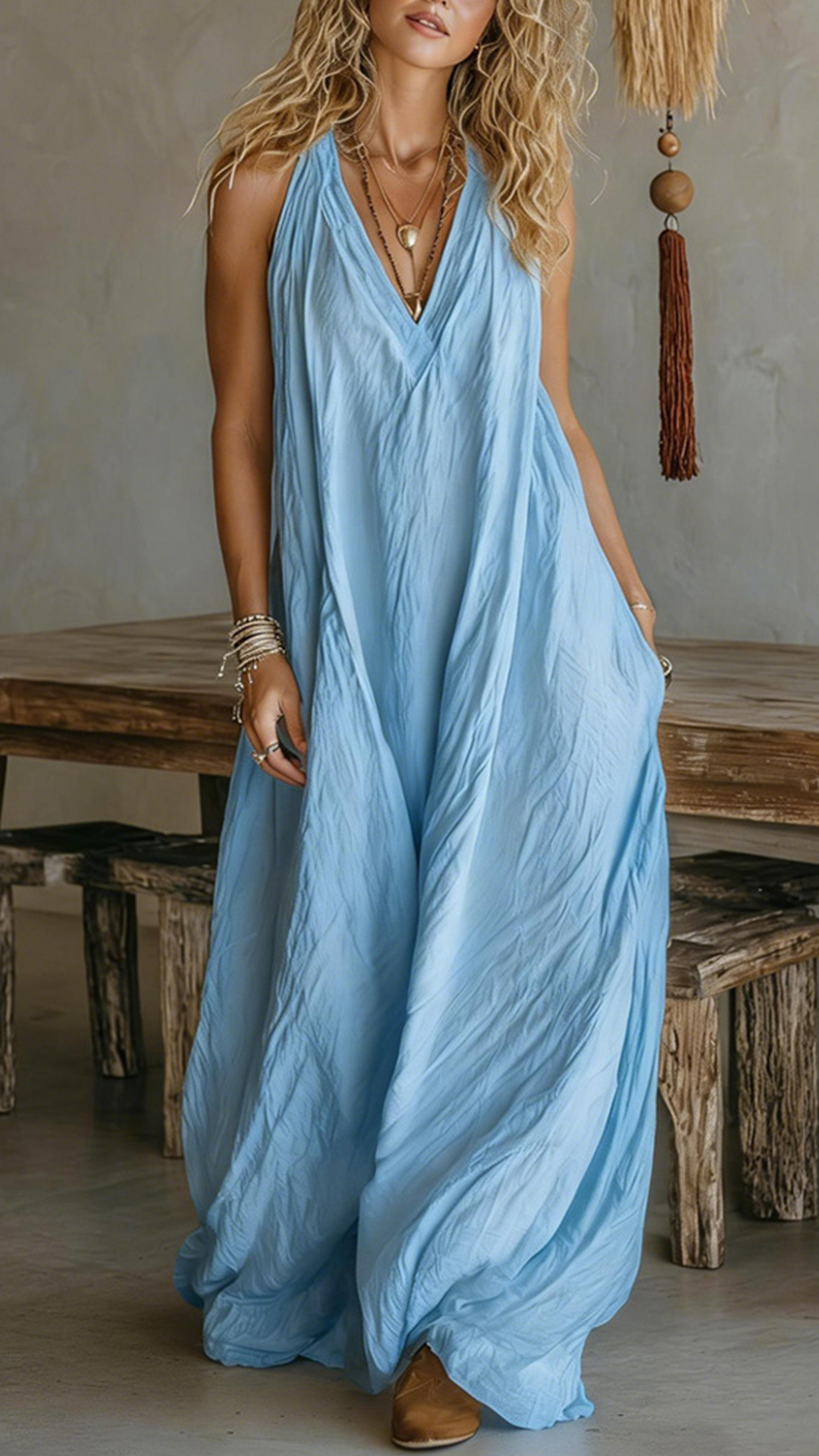 Women's Halter V-Neck Linen-Blend Maxi Dress