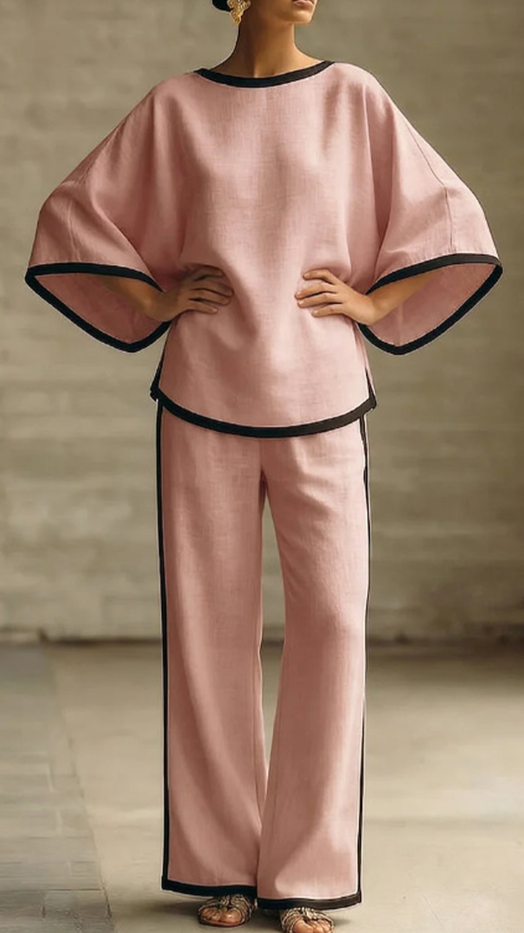 Women's Cotton-Blend Off-White Trimmed Loose Top & Wide-Leg Pants Set