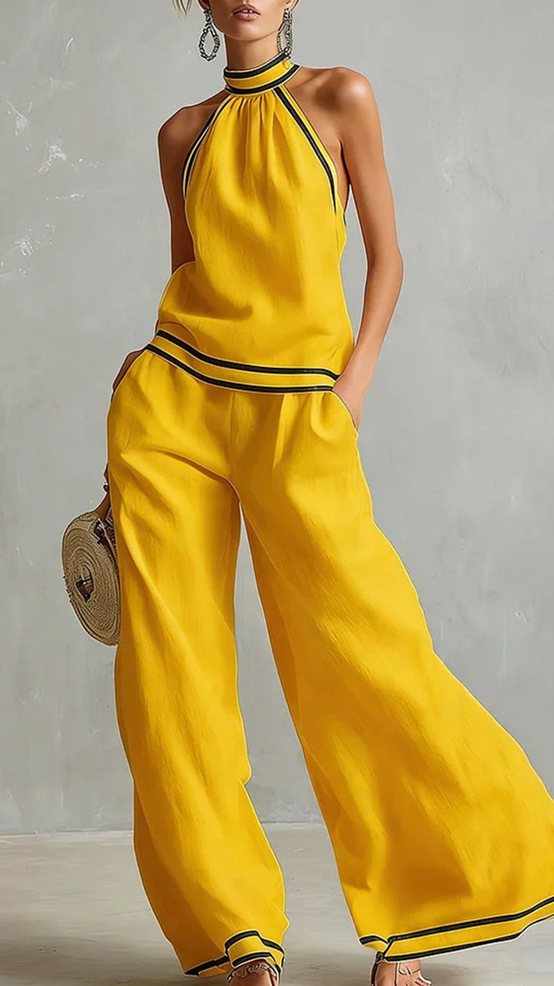 Women's Cotton-Blend Light Blue Halter Contrast Trim Wide-Leg Pants Set