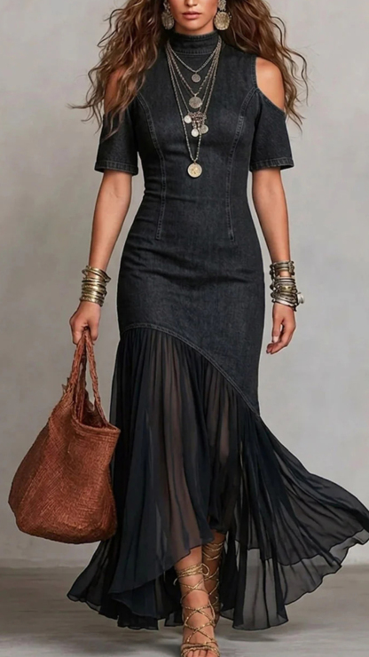 Women's Cotton-blend Imitation Denim Spliced Cold‑shoulder Short‑sleeve Waist‑cinched Irregular Maxi Dress