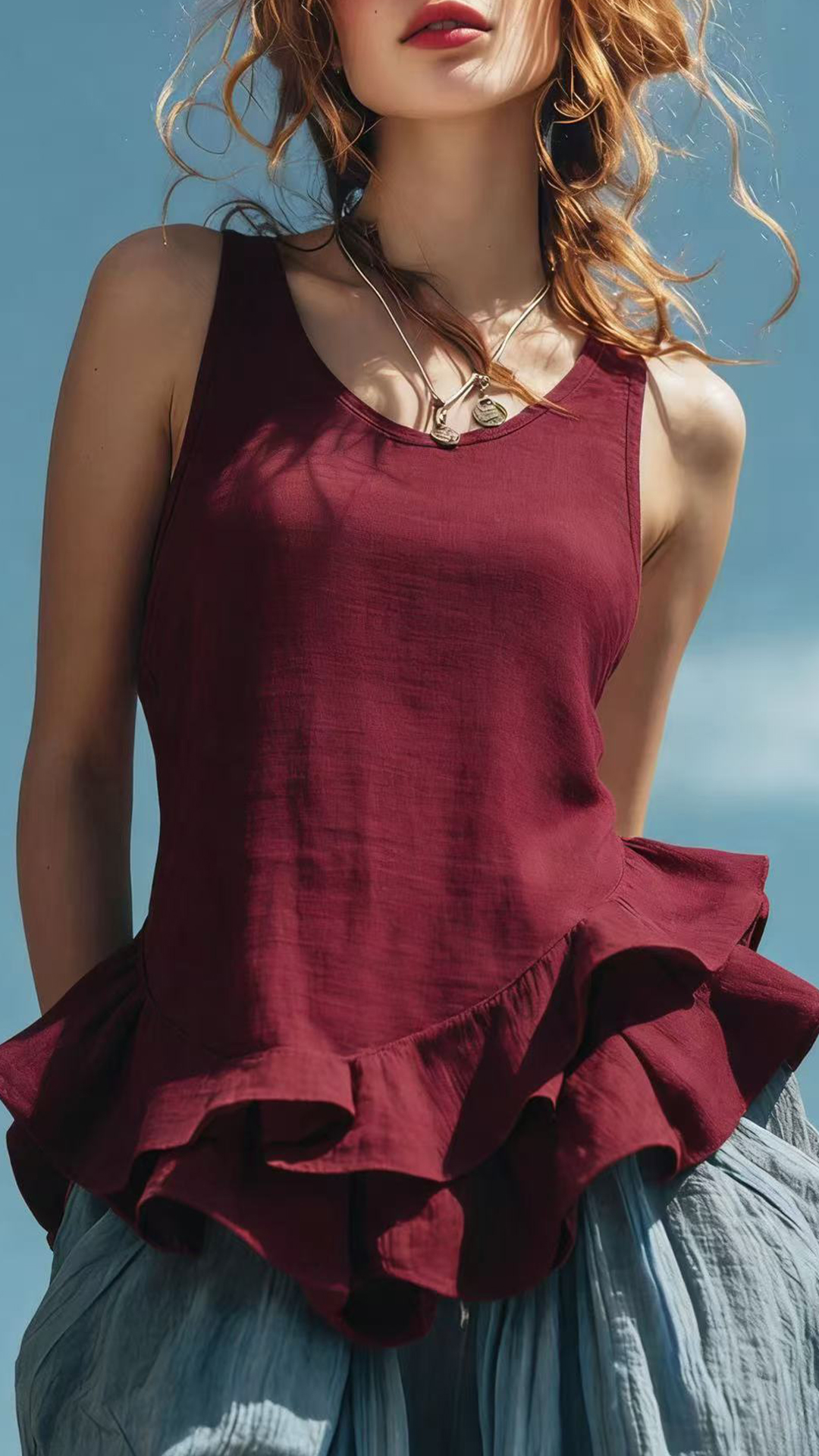 Women's Cotton‑blend U‑neck Sleeveless Ruffle Waist‑cinched Top