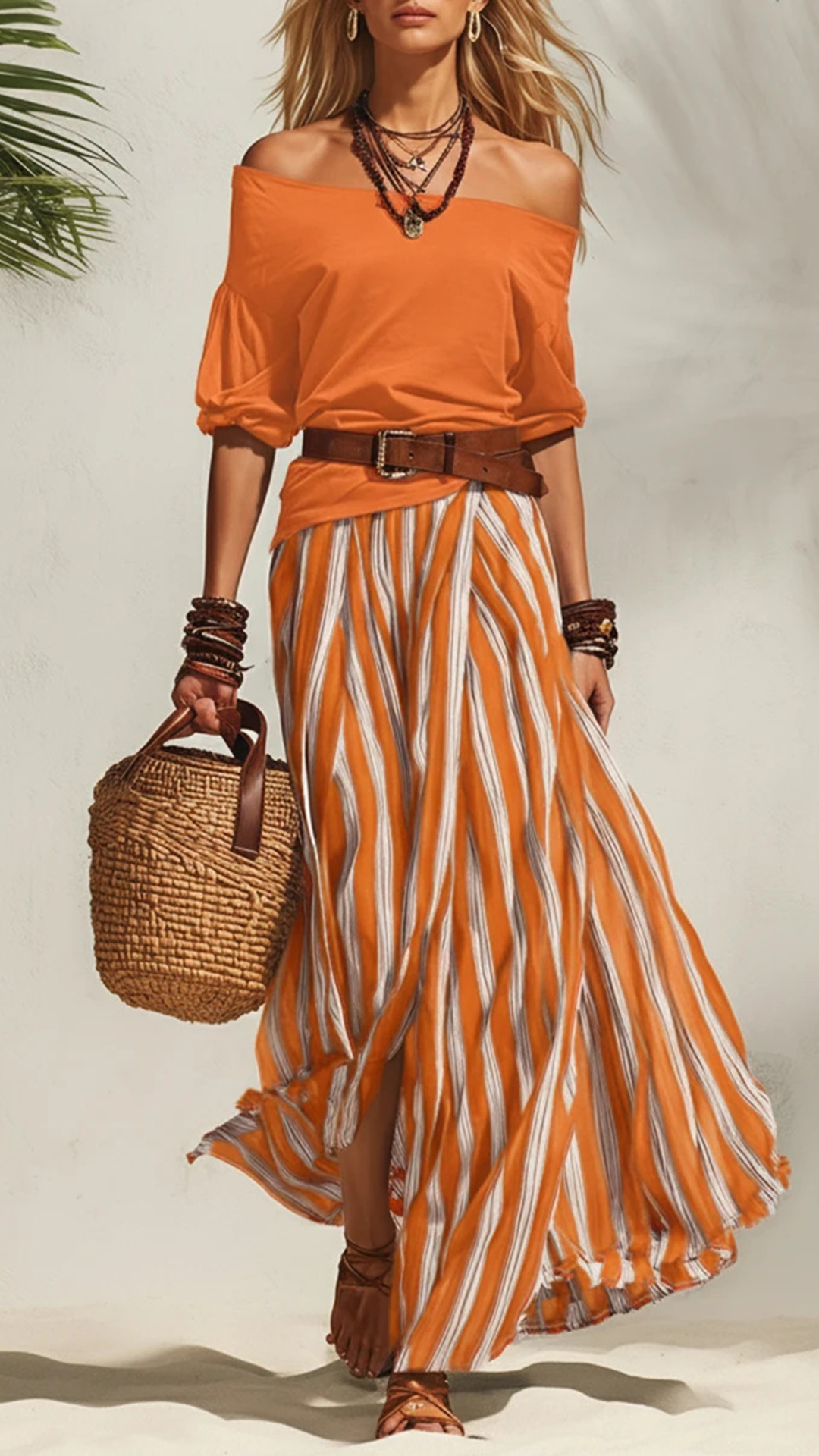 Women's Cotton‑blend Off‑the‑shoulder Mid‑sleeve Top & Blue‑white Striped Slit Maxi Skirt Set