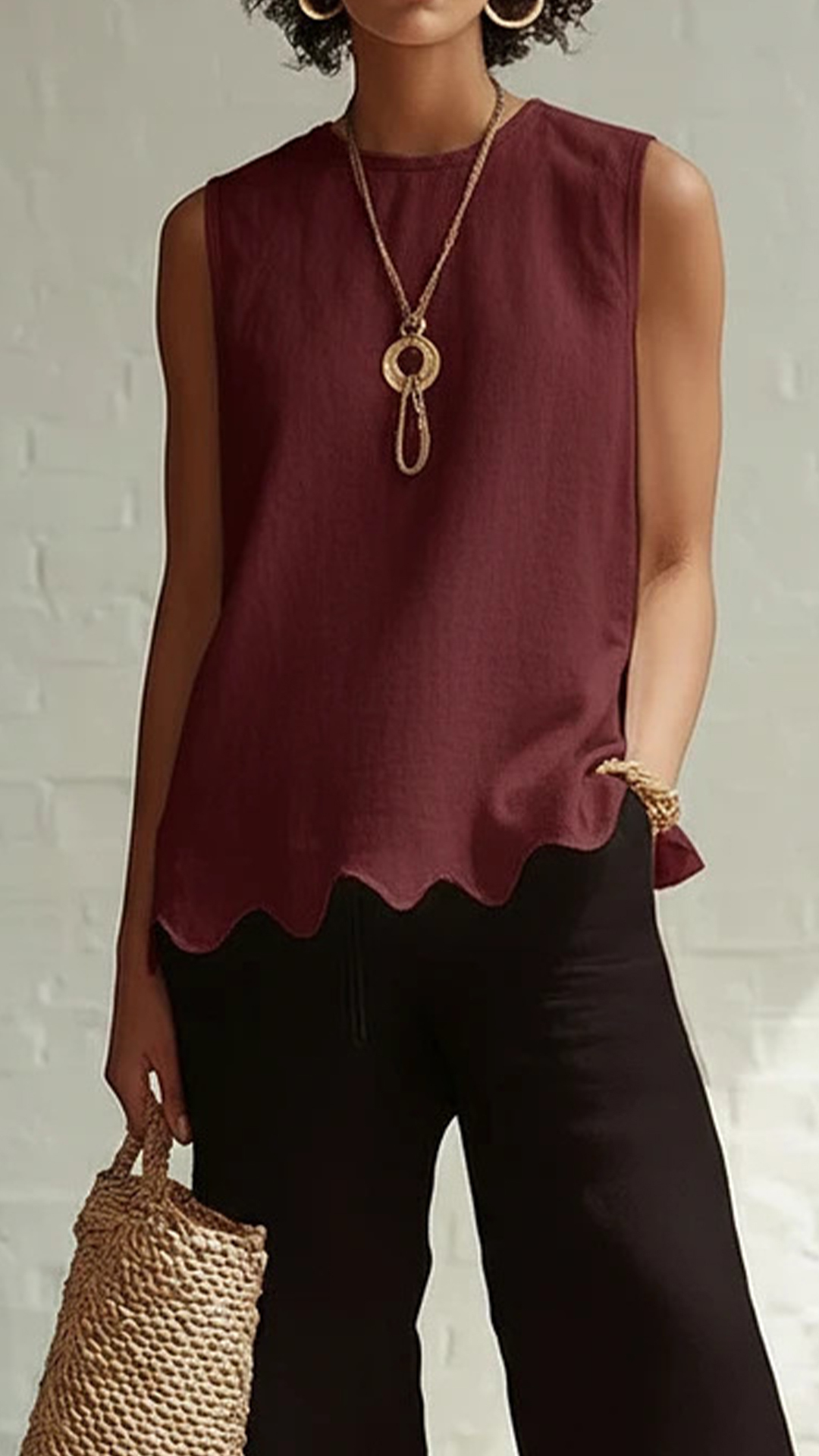 Women's Cotton‑blend Crew‑neck Sleeveless Scalloped‑hem Waist‑cinched Top
