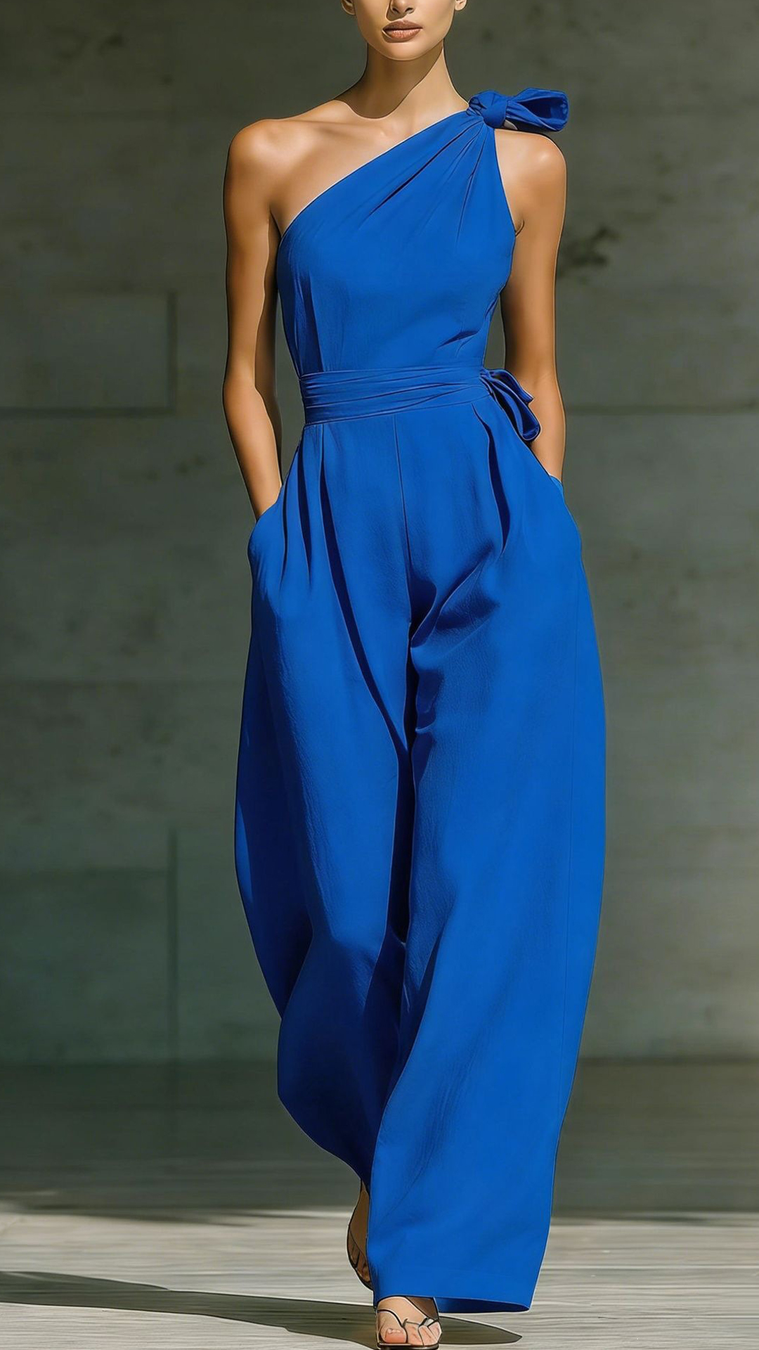 Women's Cotton‑blend  One‑shoulder Bow‑decorated Tie‑waist Wide‑leg Jumpsuit