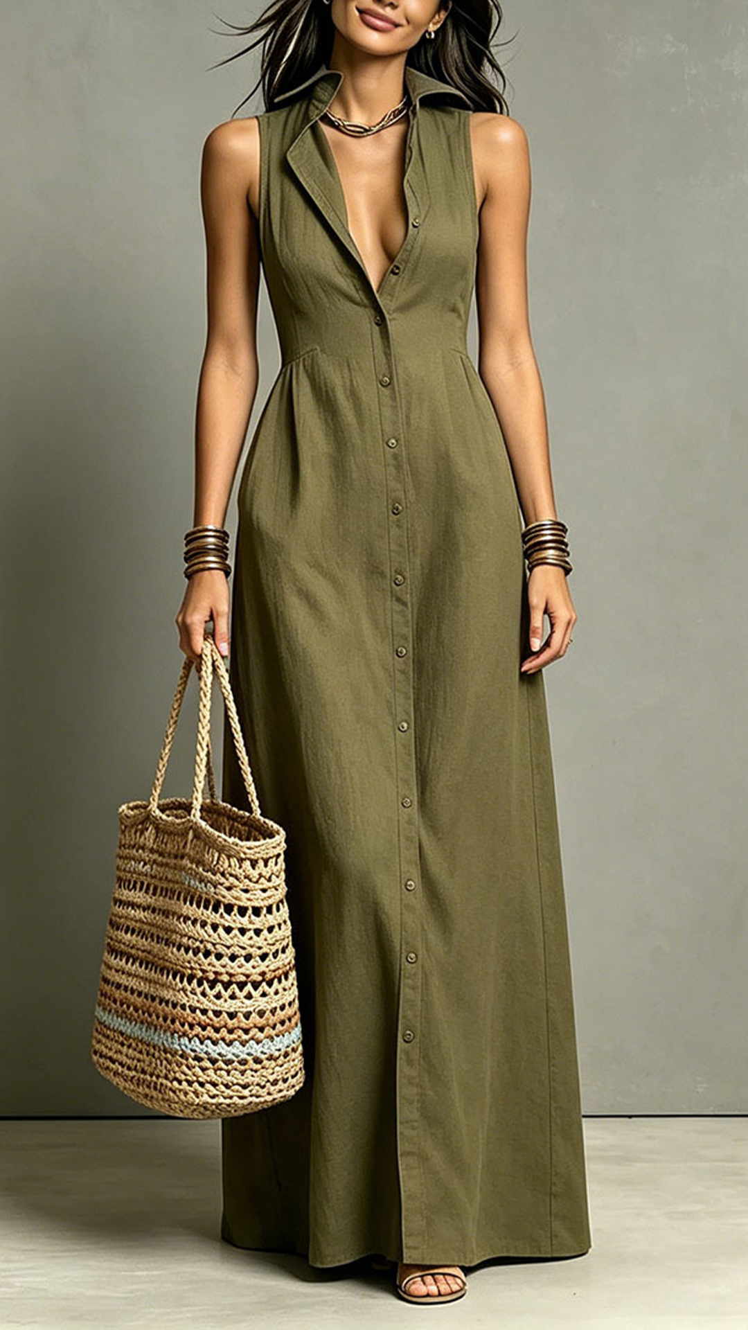 Women's Cotton‑blend Collared Sleeveless Single‑breasted Waist‑cinched Maxi Dress
