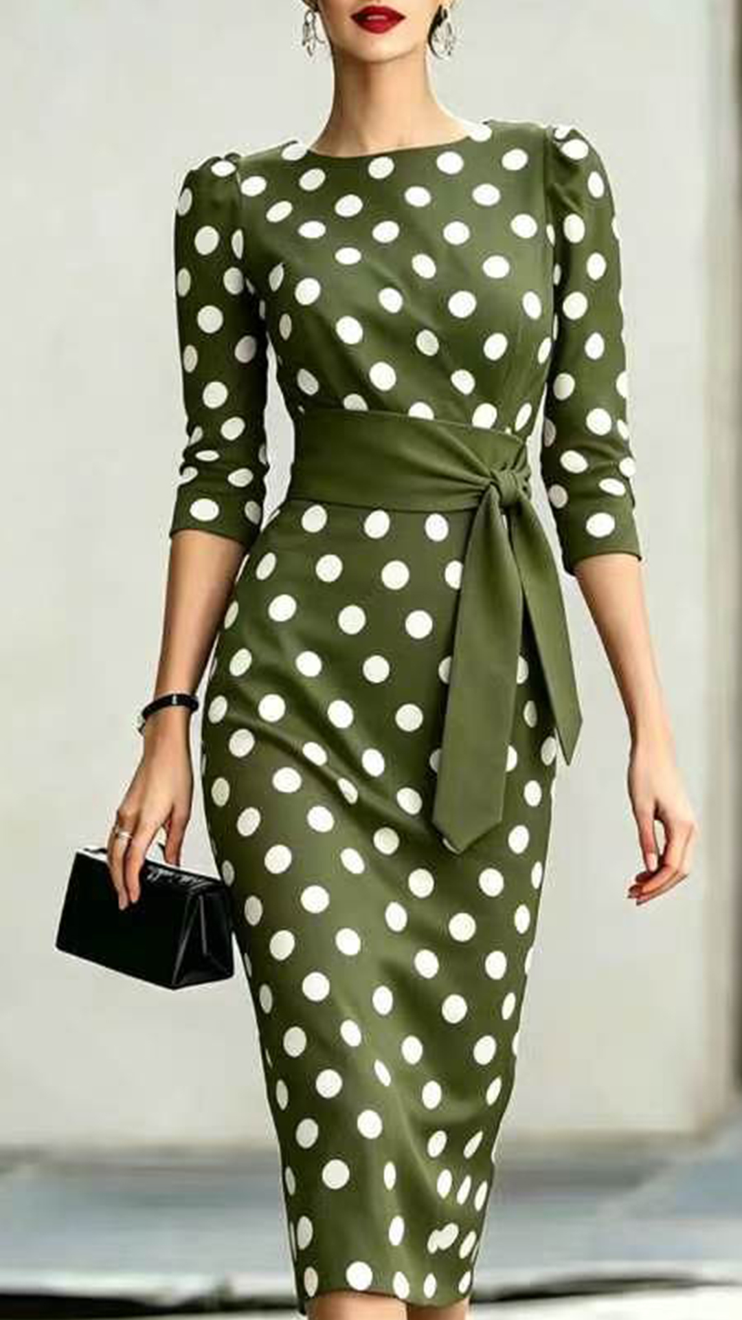 Women's Cotton‑blend Black‑white Polka‑dot Boat‑neck Mid‑sleeve Tie‑waist Bodycon Midi Dress