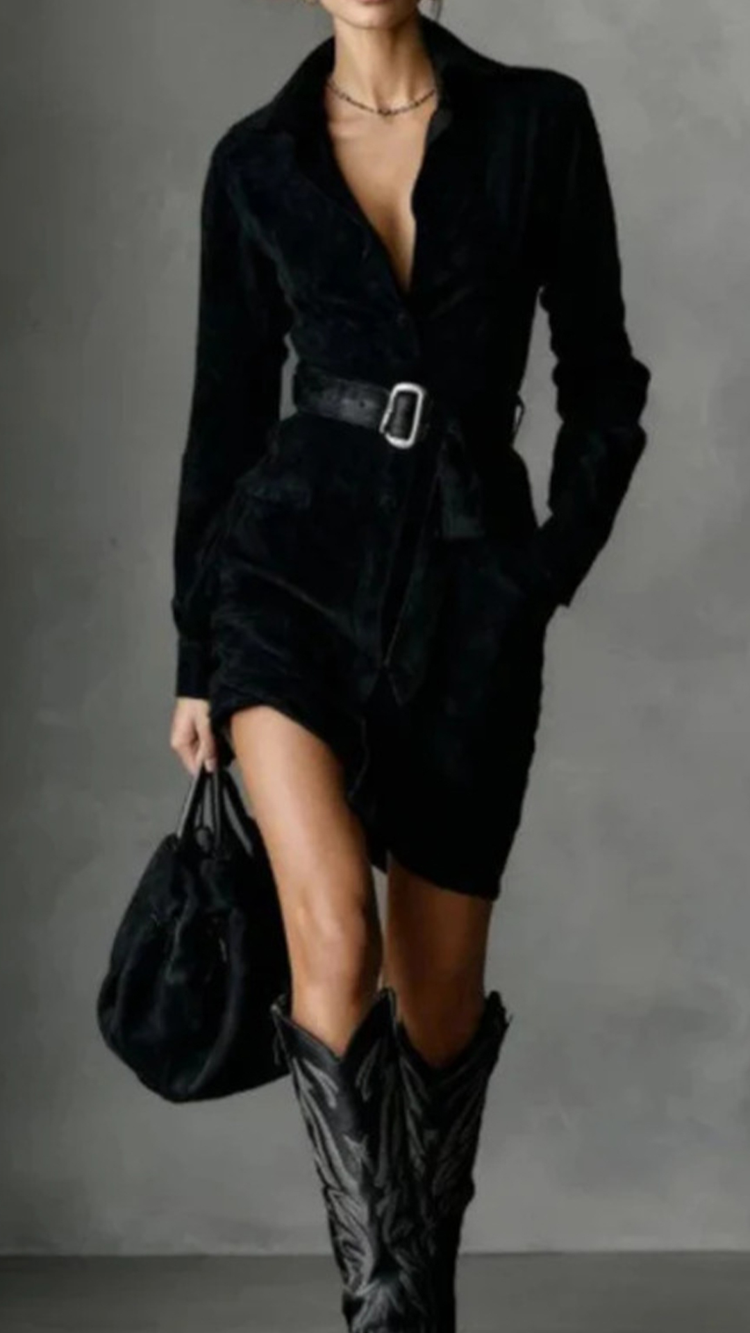 Women's Cotton‑blend Lapel Long‑sleeve Waist‑belted Irregular Mini Dress