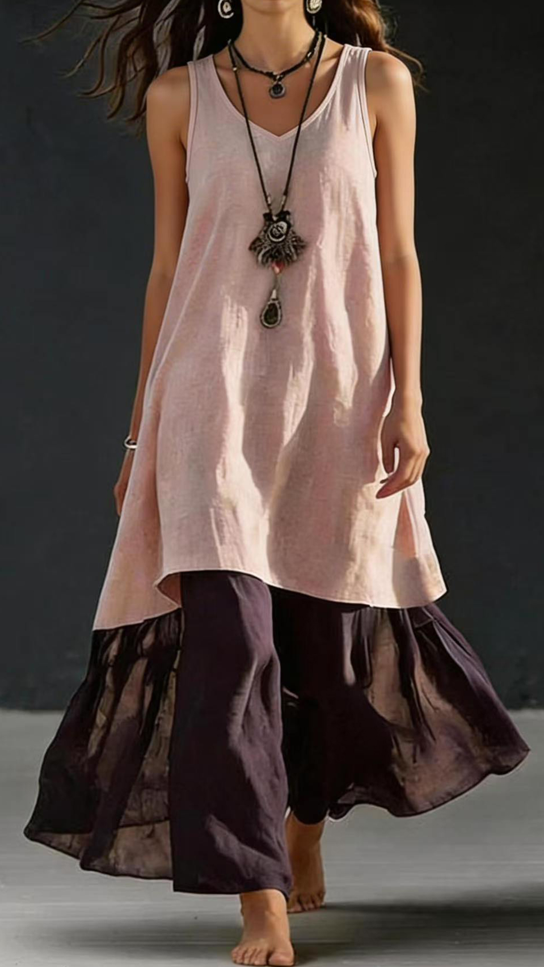 Women's Cotton‑blend Light‑blue V‑neck Sleeveless Color‑block Spliced Loose Maxi Dress