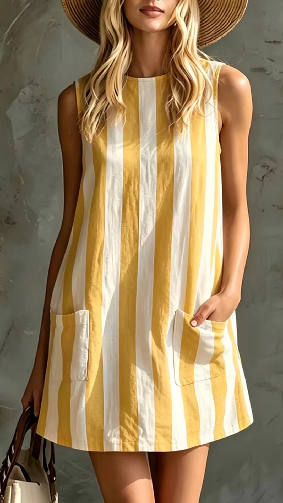 Women's Cotton‑blend Blue‑white Striped Round‑neck Sleeveless Pocket‑decorated Loose Mini Dress