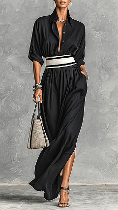 Women's Cotton‑blend Black Lapel Shirt‑style Slit Loose Maxi Dress