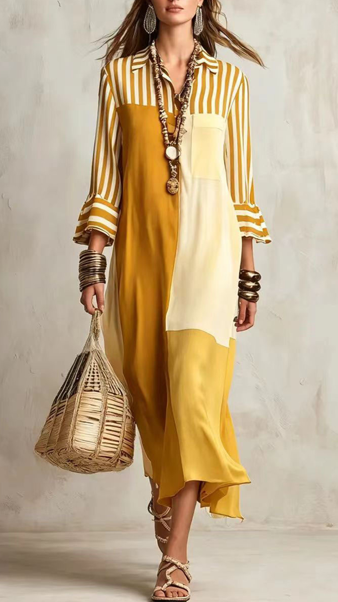 Women's Navy & Off-white Striped Collared Color-block Long Sleeve Dress