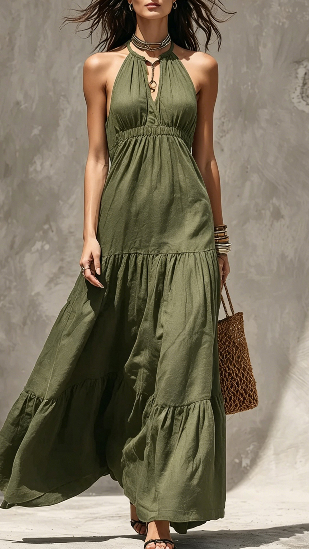 Women's Khaki Halter Waisted Tiered Maxi Dress