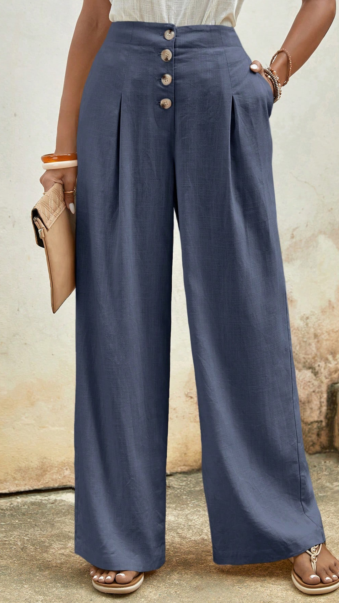 Women's Cotton Blend Pleated High Waist Wide Leg Pants