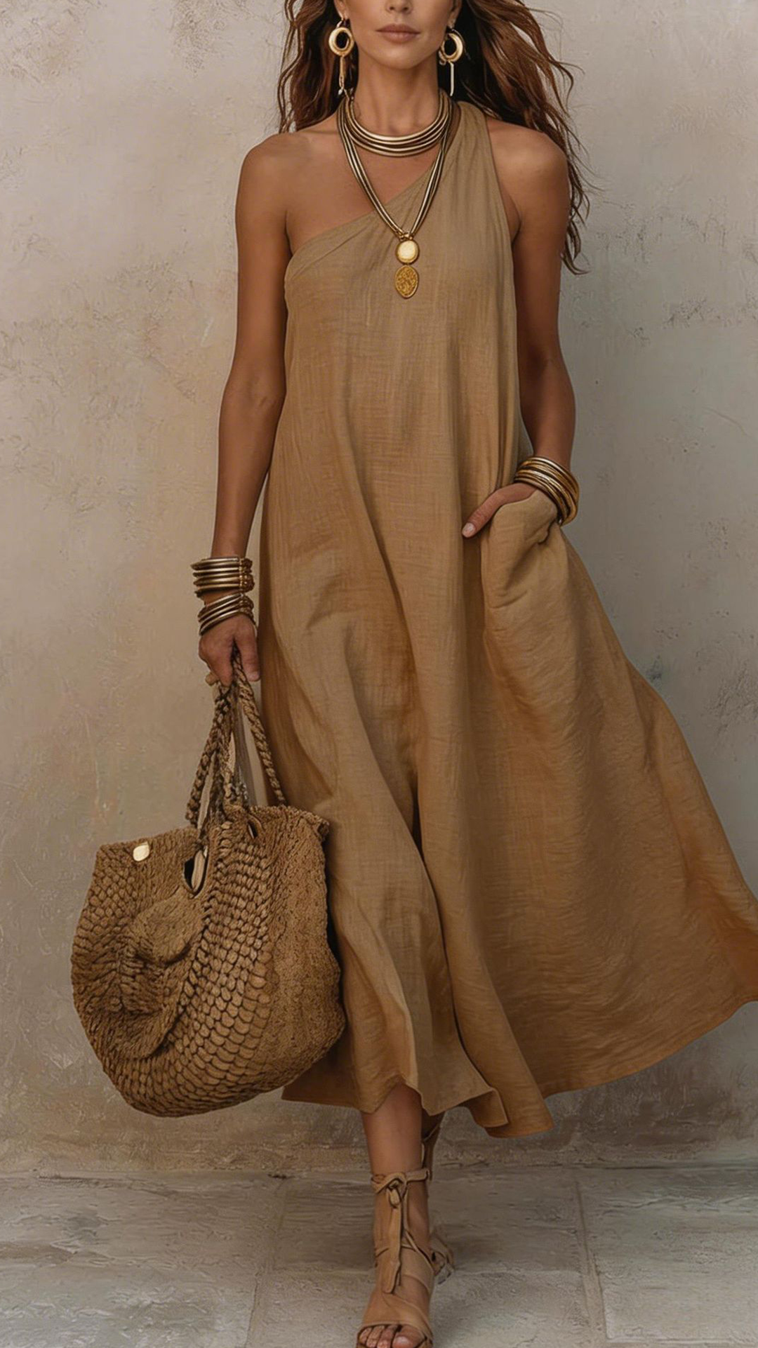 Women's Cotton-Blend One-Shoulder Sleeveless Maxi Dress