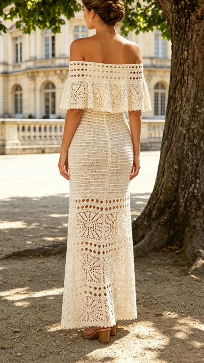 Women's Off-Shoulder Hollow Crochet Maxi Dress French Vacation Ruffle Bodycon Skirt