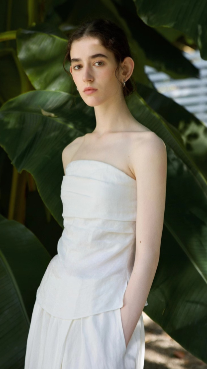 Women's French-style linen strapless top and maxi skirt set