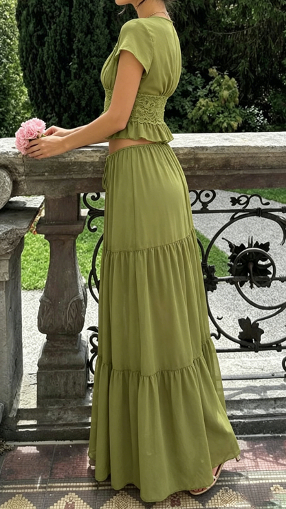 Women's French Olive Green Lace 2 Piece Outfit, Deep V Cropped Top Tiered Maxi Skirt Vacation Set