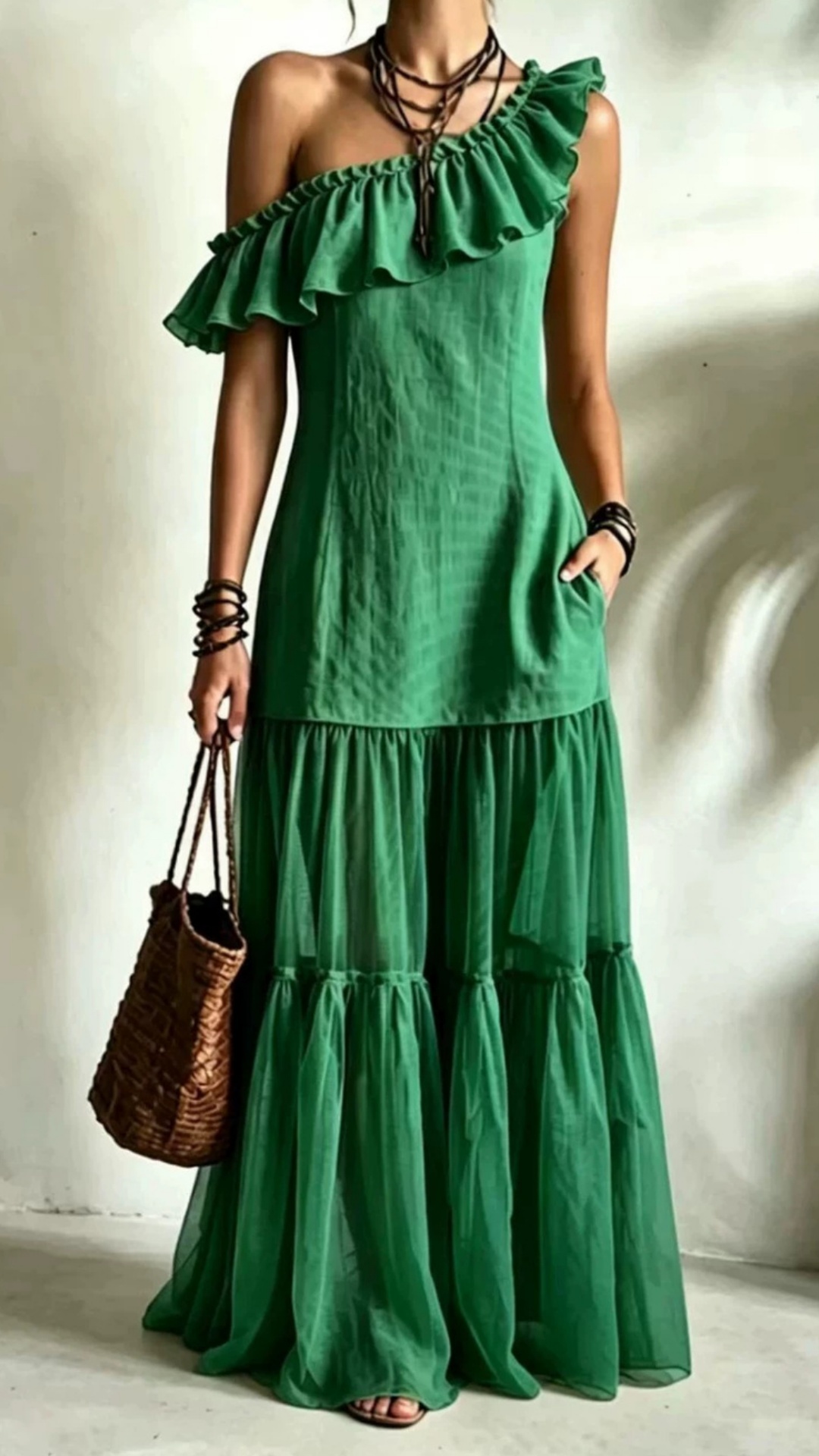 Women's Sleeveless Asymmetrical-Neck Dress with Ruffle Splicing
