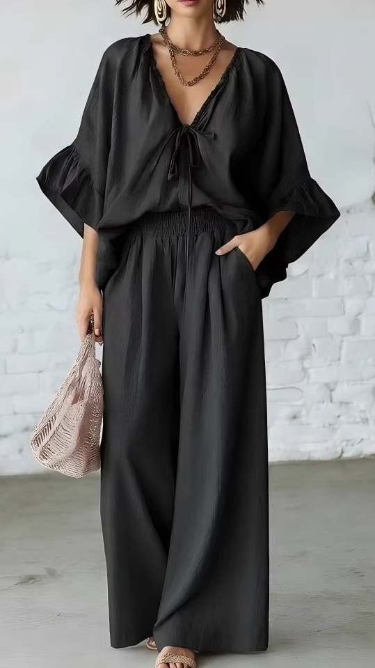 Women's Casual Vacation Two-Piece Set: Loose-Fit Cotton-Linen V-Neck Top and Wide-Leg Pants