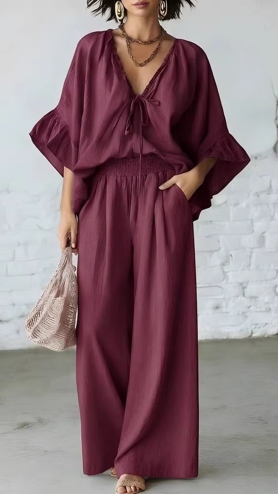 Women's Casual Vacation Two-Piece Set: Loose-Fit Cotton-Linen V-Neck Top and Wide-Leg Pants