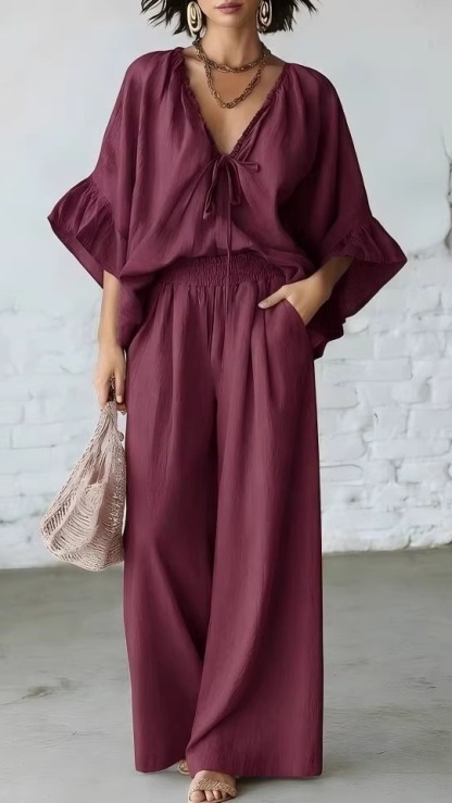 Women's Casual Vacation Two-Piece Set: Loose-Fit Cotton-Linen V-Neck Top and Wide-Leg Pants