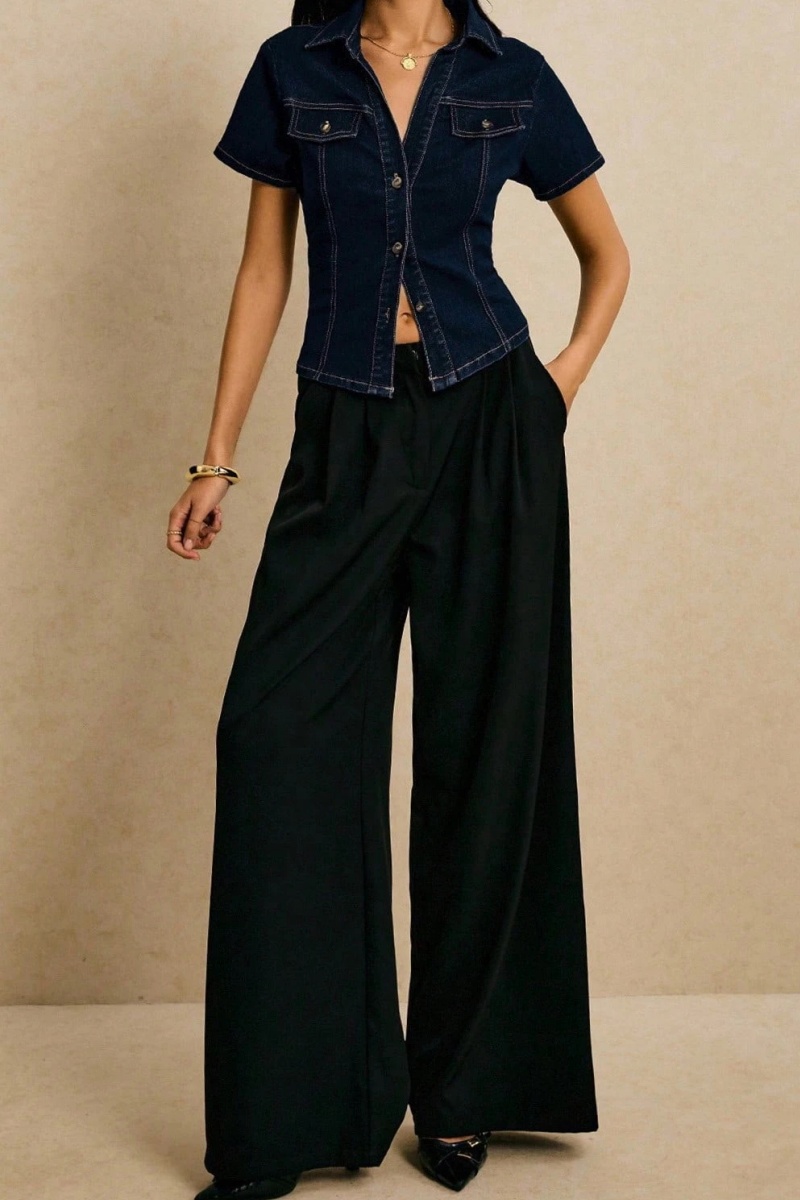 Women's Streetwear-Style Workwear-Inspired Slim-Fit Faux-Denim Collared Shirt