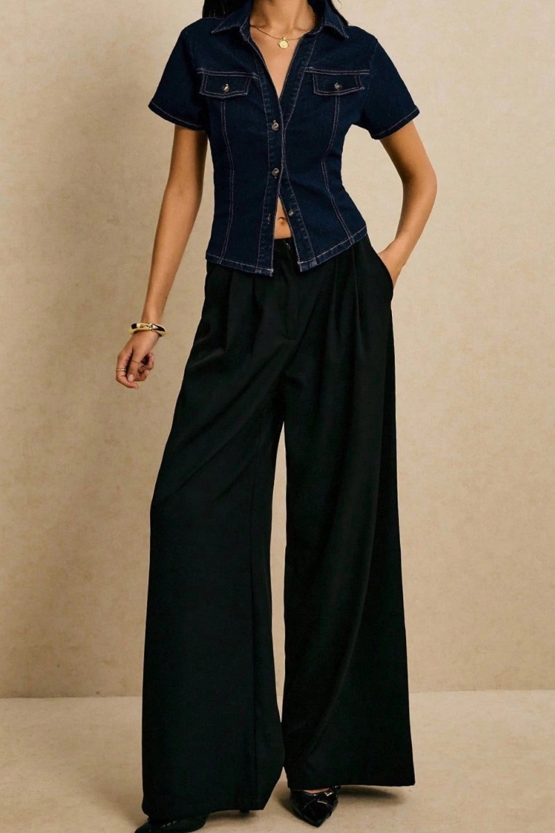 Women's Streetwear-Style Workwear-Inspired Slim-Fit Faux-Denim Collared Shirt